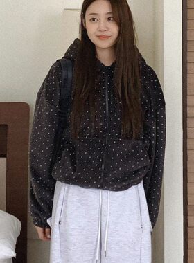 直邮 东大门代购 韩系复古波点拉链短款抓绒连帽卫衣外套女秋冬新