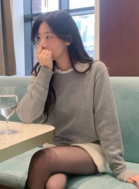 直邮 首尔印象韩代 25fw 配色翻领灰色减龄套头毛衣针织衫女秋冬