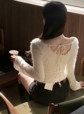 直邮 25fw 首尔印象韩代 please温柔后系带修身毛绒针织打底T恤女