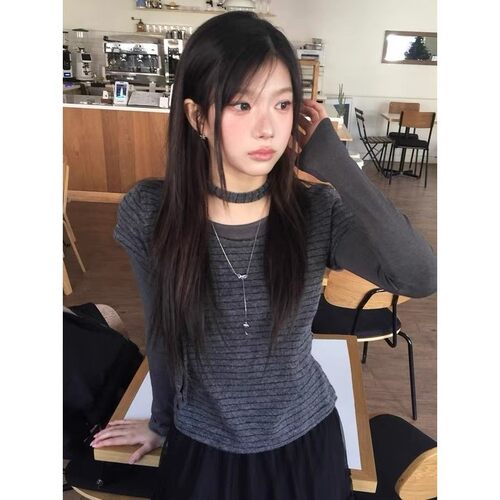直邮 25fw 首尔印象韩代 modimood同款条纹假两件长袖T恤配脖带女