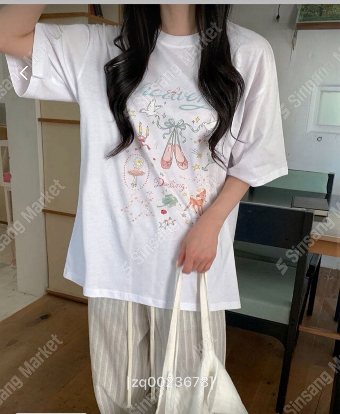 包邮 首尔印象韩代 26ss 可爱芭蕾舞鞋印花圆领棉质宽松T恤女上衣