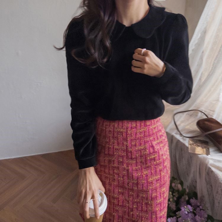 包邮 东大门代购  复古花瓣形娃娃领丝绒套头长袖衬衫女秋冬新款