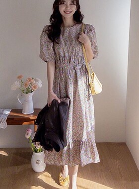 直邮 首尔印象韩代 26ss 法式田园风碎花圆领泡泡袖荷叶摆连衣裙