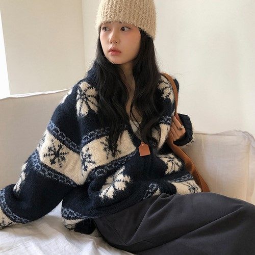 现货直邮 东大门代购 费尔岛雪花图案翻领针织开衫外套女秋冬新款