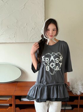 GISELE 首尔印象韩代 26ss 少女风波点叠层系带裙摆型印花中长T恤