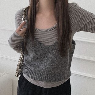 包邮 首尔印象韩代 25fw 简洁风百搭内外穿针织短款马甲背心女