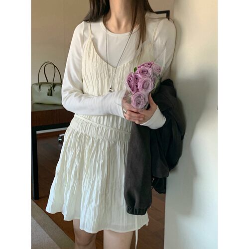 areing 26SS 东大门代购 纯欲少女风减龄系带收腰吊带连衣裙