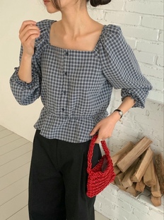 trimming 26SS 东大门代购 减龄少女风荷叶边格纹松紧长袖衬衫