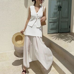 包邮 首尔印象韩代25初夏新款 复古金扣马甲百褶长裙套装女