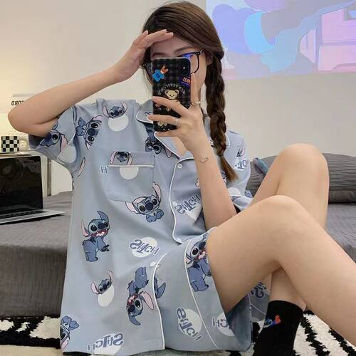 卡通家居服女生短袖纯棉开衫睡衣