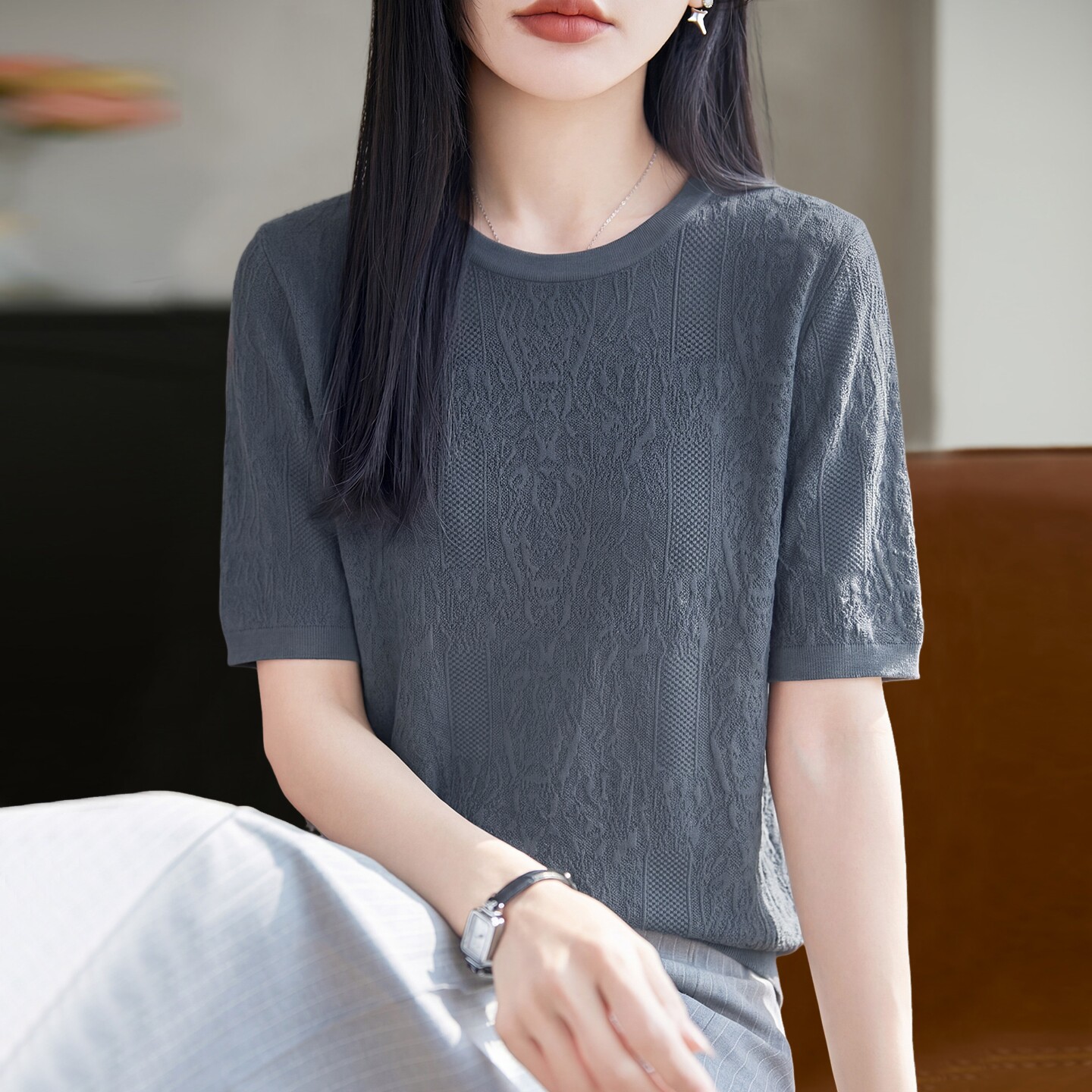 短袖t恤女2026新款大码女装夏季短款提花宽松薄款冰丝针织衫上衣