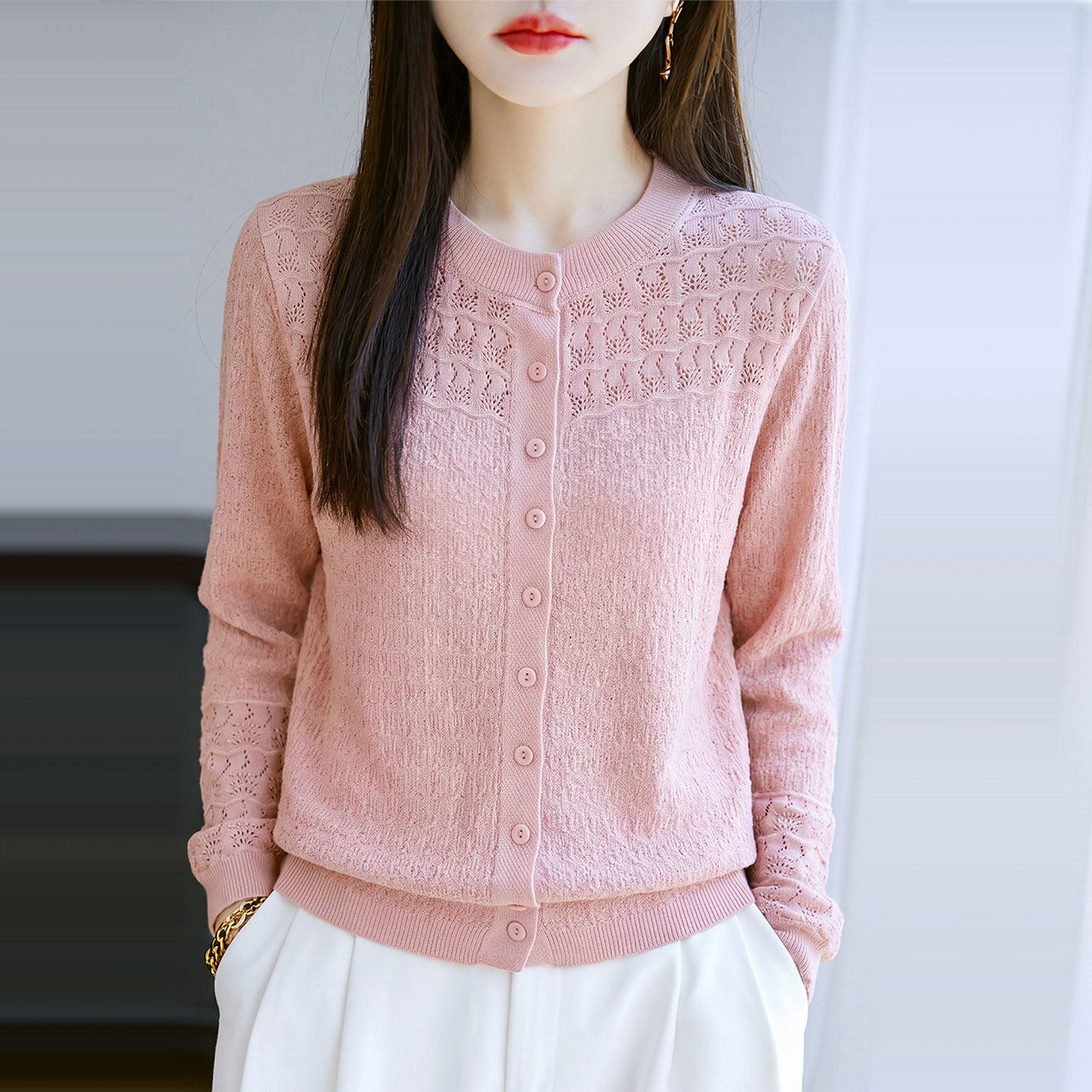 圆领针织开衫女士毛衣外套