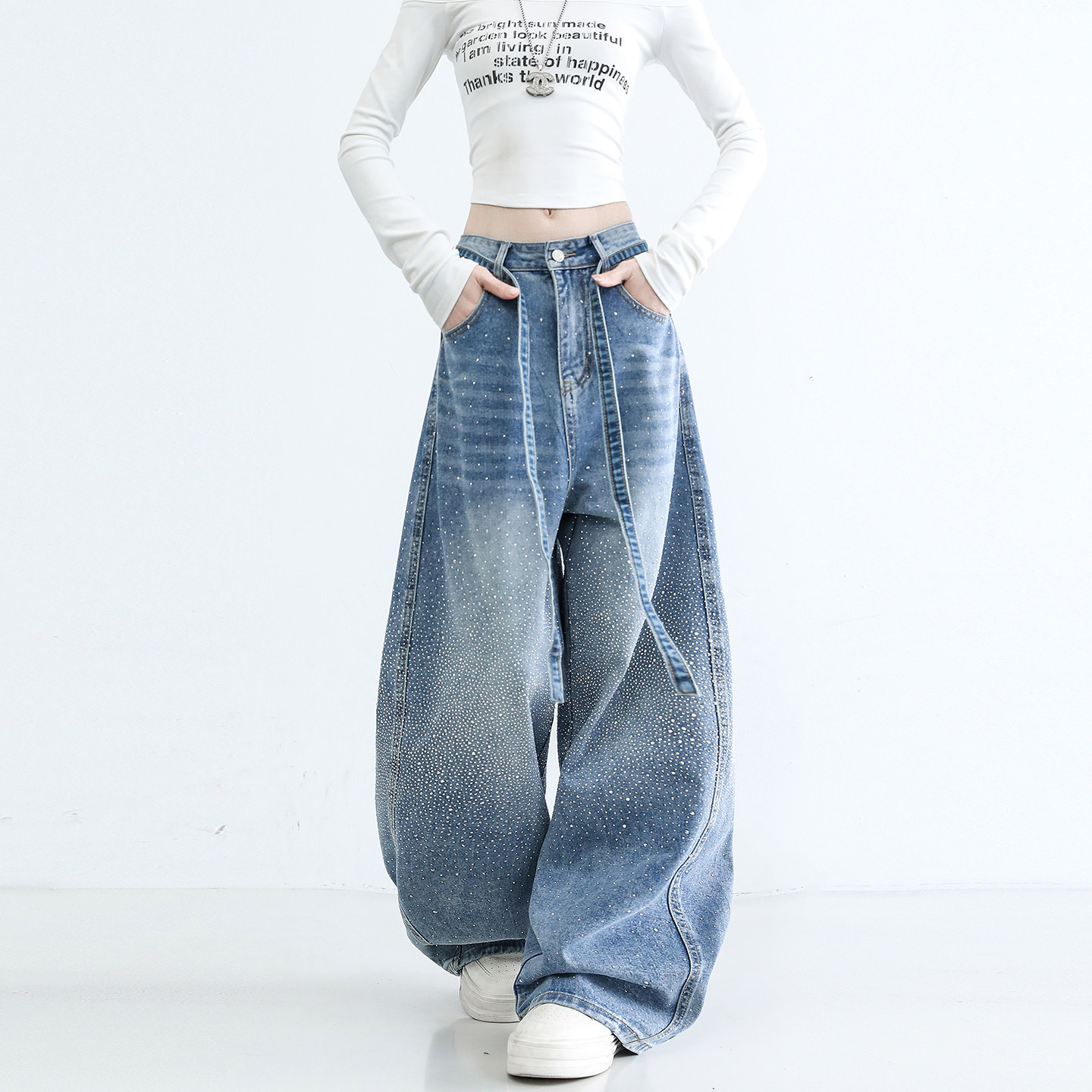 超火满天星烫钻弯刀牛仔裤女2026新款长裤宽松阔腿裤今年流行裤子