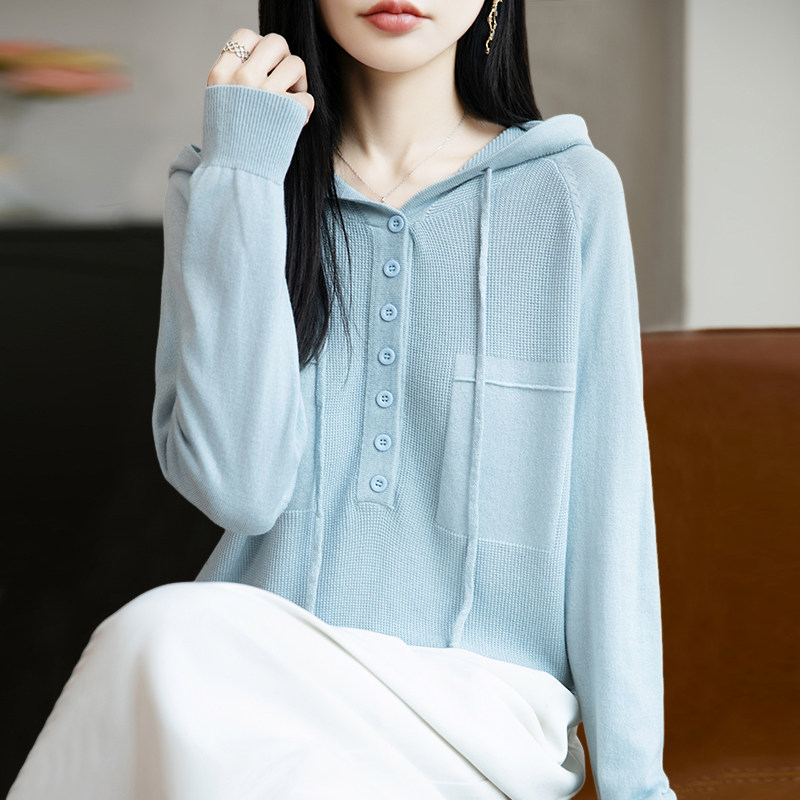 拉夏贝尔春秋连帽卫衣针织打底衫女春秋内搭上衣洋气大码女装毛衣