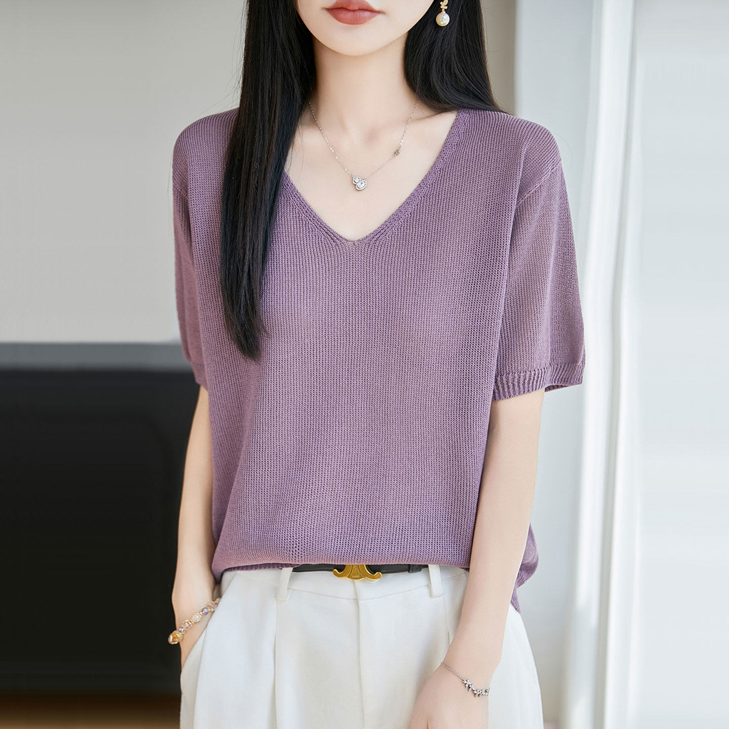 V领桑蚕丝短袖T恤上衣女