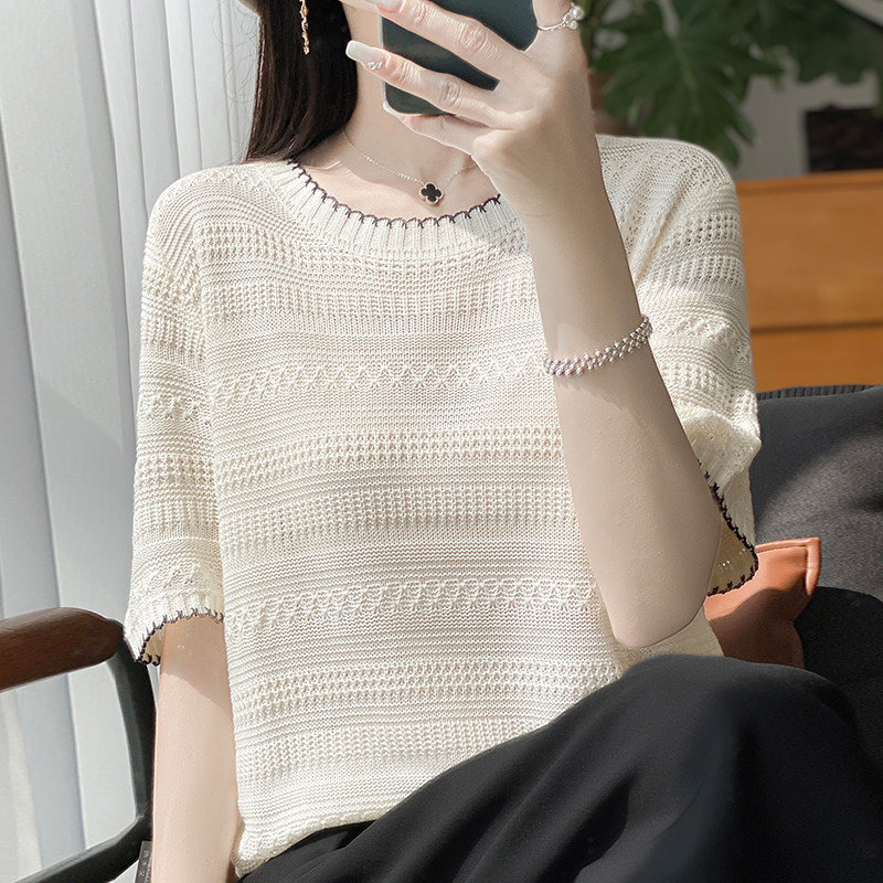 拉夏贝尔时尚提花短袖t恤女夏季打底衫洋气大码女装冰丝针织上衣