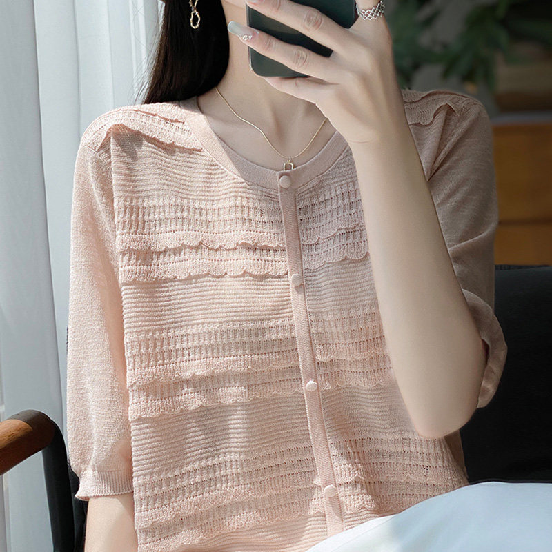 拉夏贝尔蕾丝时尚短袖t恤女夏季打底衫洋气大码女装冰丝针织上衣