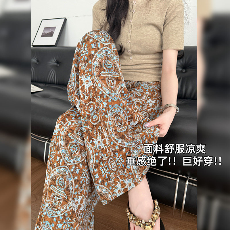 2026夏季女款宽松显瘦高腰碎花阔腿裤百搭减龄冰感透气时尚休闲裤