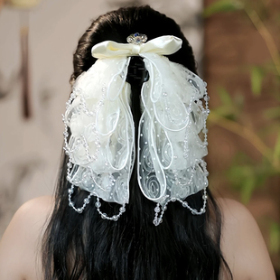 (旖旎玫瑰)蕾丝玫瑰蝴蝶结人鱼姬马尾抓夹网红优雅百搭头饰发夹女