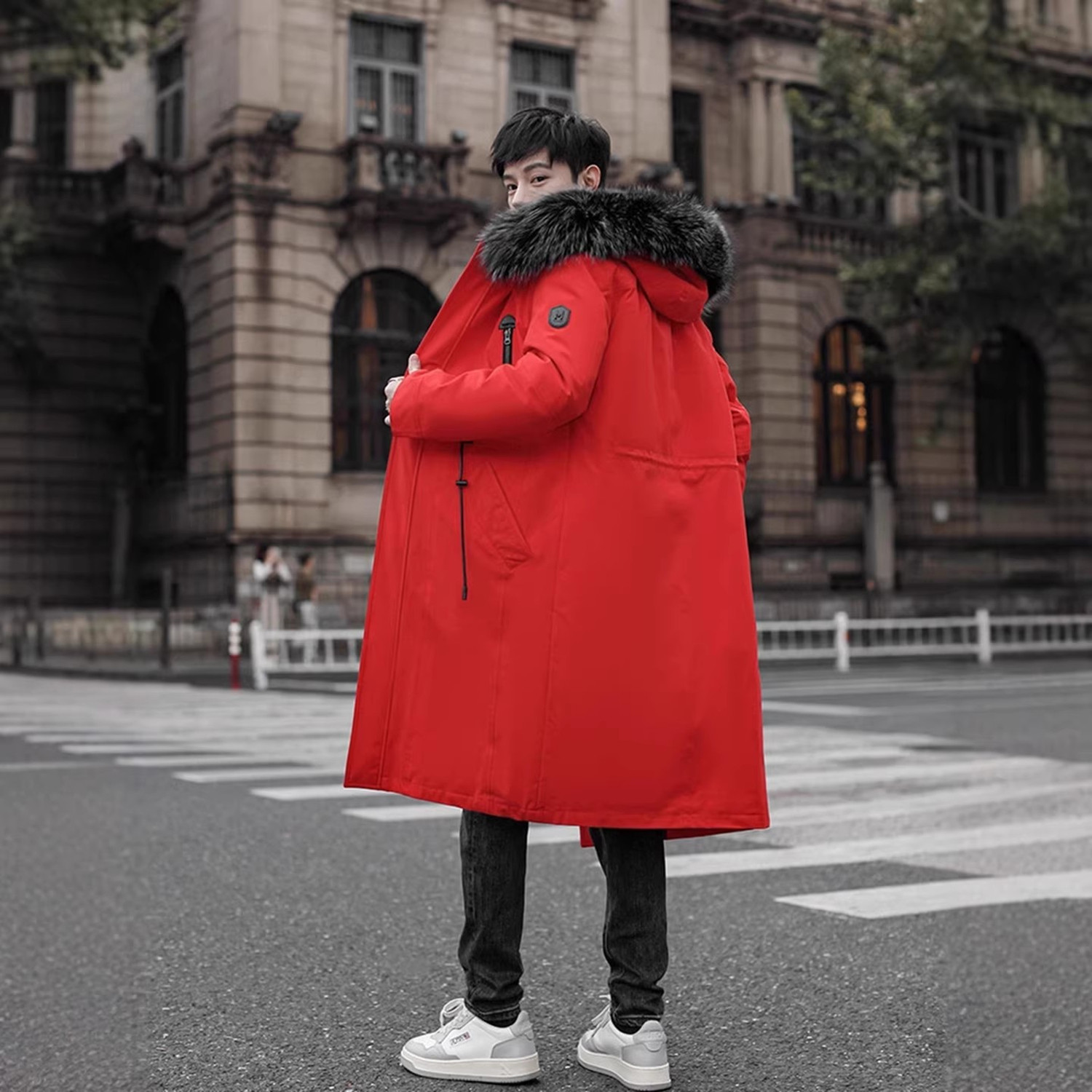 派克服男中长款冬新款加绒加厚大毛领皮毛一体大码红色鹅绒羽绒服