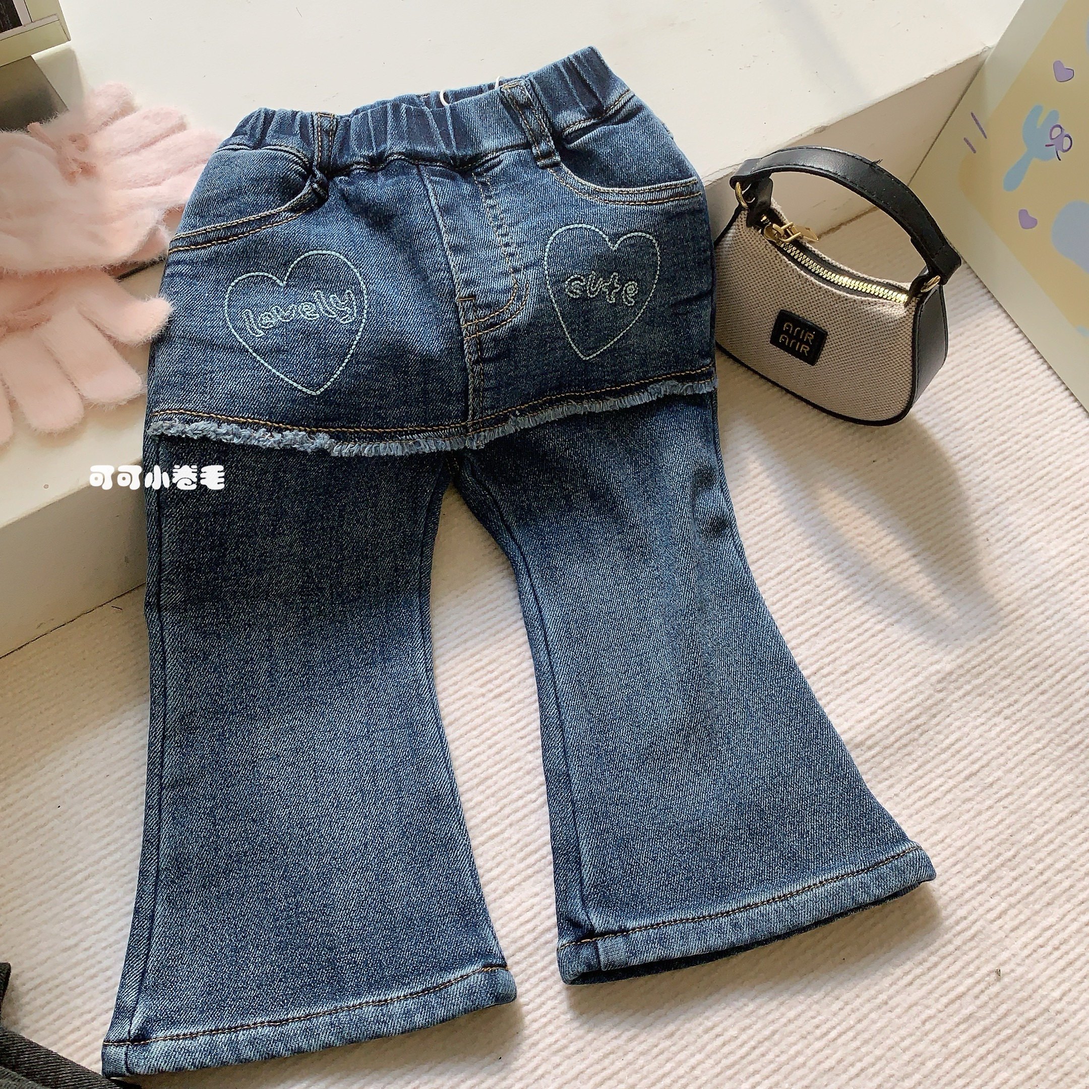 潮啦女童加绒牛仔裤微喇假两件屁帘柔软牛仔裤拼接时髦洋气百搭