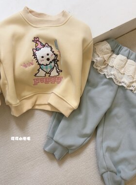 女童加绒加厚卫衣黄色可爱狗狗图案卫衣奥粒绒圆领套头纯棉卫衣