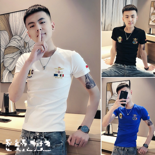 男t恤潮牌ins潮流夏季 打底衫 修身 半袖 超火圆领2021年新款 网红短袖