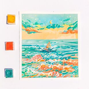 A397手绘海洋设计素材水彩插画装饰画度假帆船日落风景画船只作品