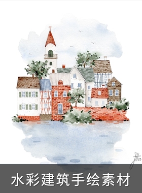 A992建筑绘画素材水彩风板绘手绘国外插画艺术绘画临摹素材图