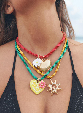 欧美夸张多巴胺项链度假叠层爱心花朵柠檬太阳吊坠海边时尚锁骨链