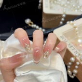 裸色猫眼带钻中长款 塞纳黄昏 穿戴甲日常甲片百搭气质温柔美甲