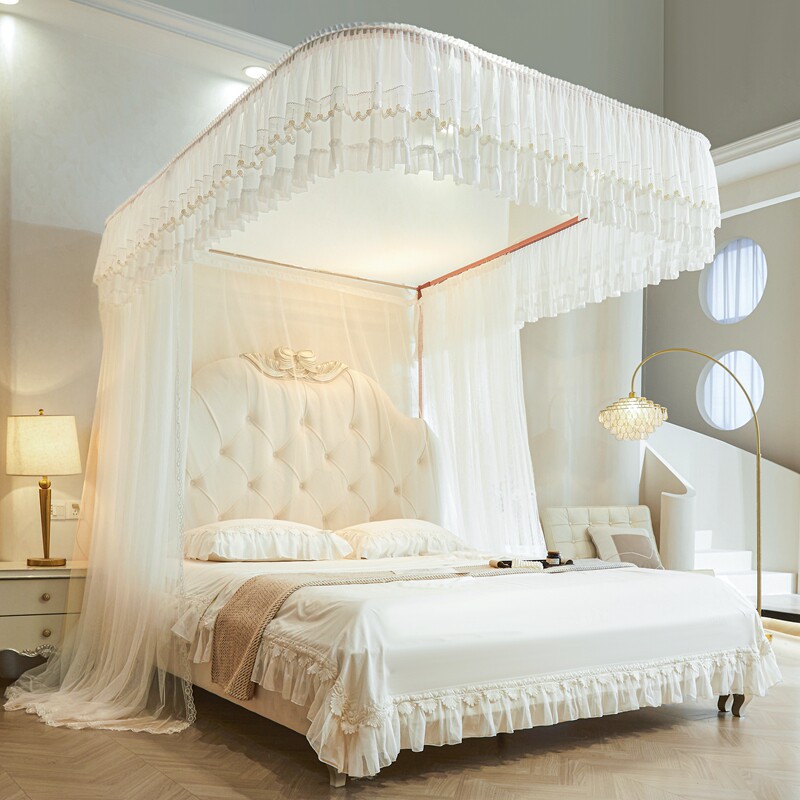 2024新款导轨蚊帐家用公主风卧室床幔防蚊三开门U型轨道落地支架