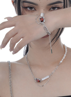 PREDAMS 创意小众设计师款S925纯银潮流时尚ins风红宝石项链