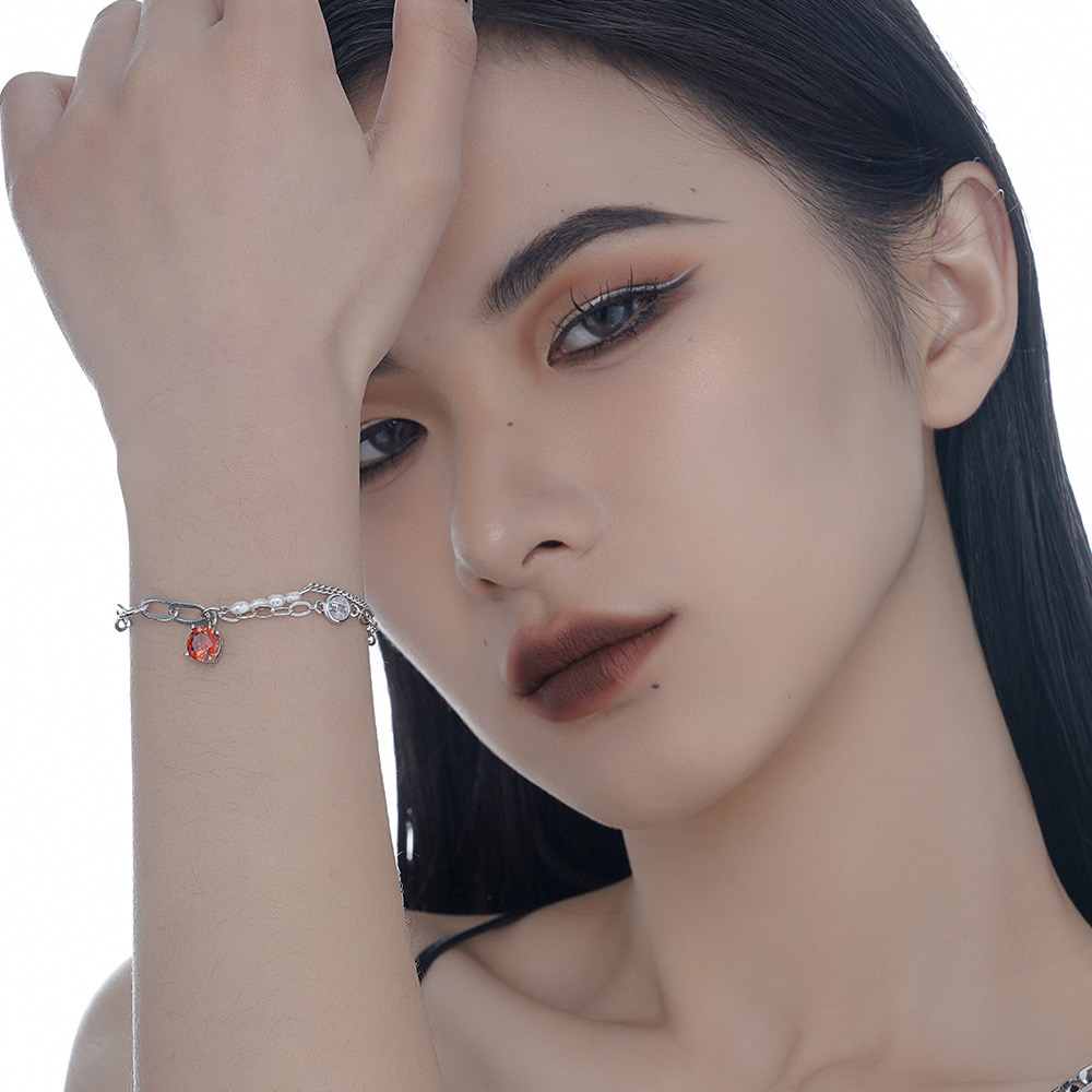 PREDAMS 创意小众设计师款S925纯银潮流时尚红宝石锆石手链