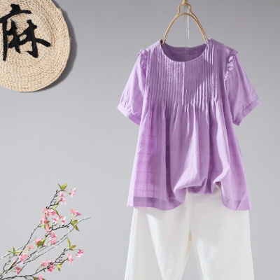 短袖文艺范圆领宽松T恤上衣棉女