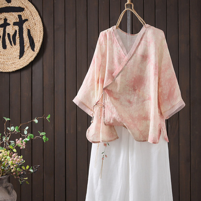 苎麻五分袖衬衫系绳宽松小衫上衣