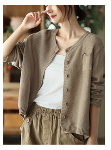 文艺范圆领纯色休闲百搭长袖针织开衫女复古宽松单排扣显瘦短外套