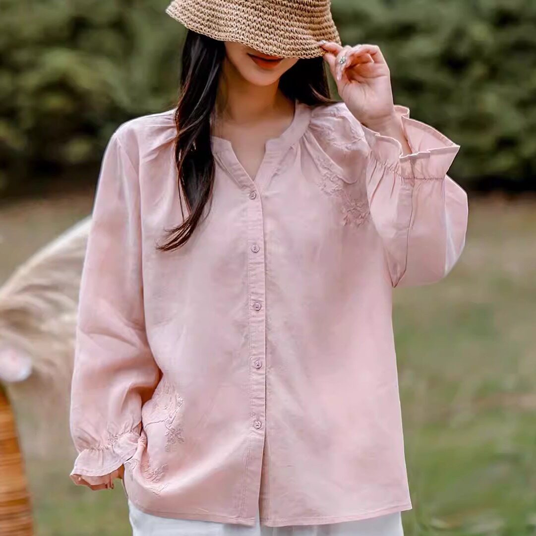 V领绣花长袖衬衫衬衣小衫上衣女