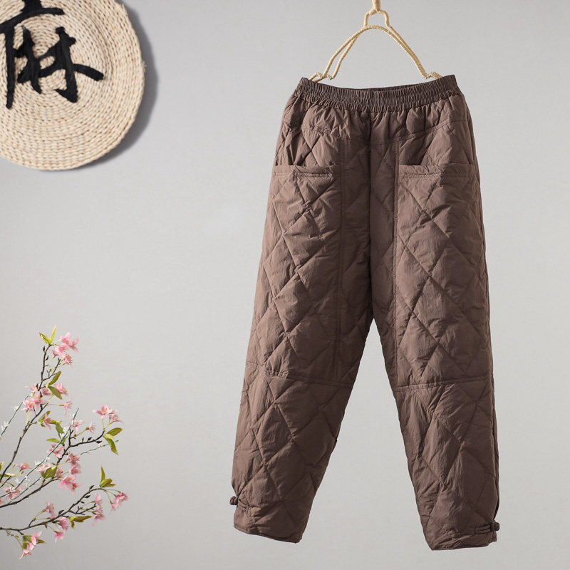 自然腰白鸭绒菱格纯色羽绒裤子女