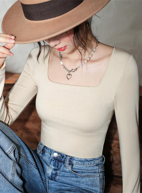 LEGSILK羊毛+德绒复古小方领修身打底衣自带可拆卸胸垫长袖上衣女