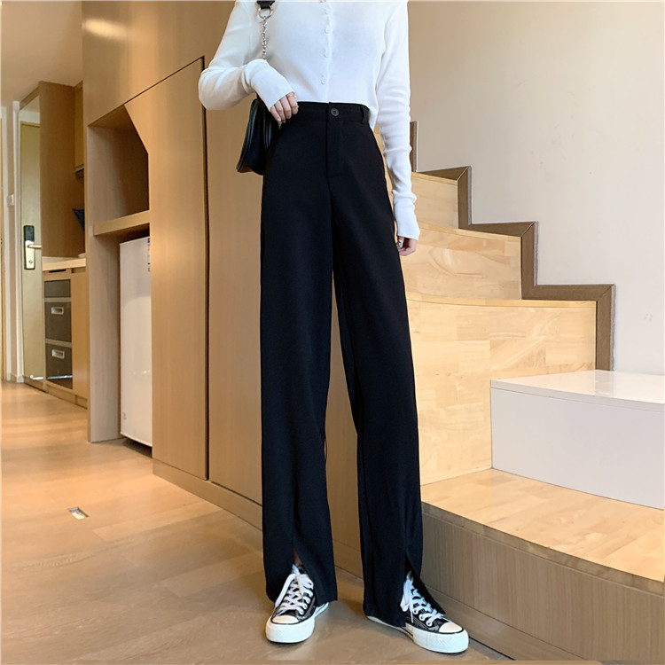 Real shot Korean high waist slim suit casual pants loose drape slit floor dragging wide leg pants