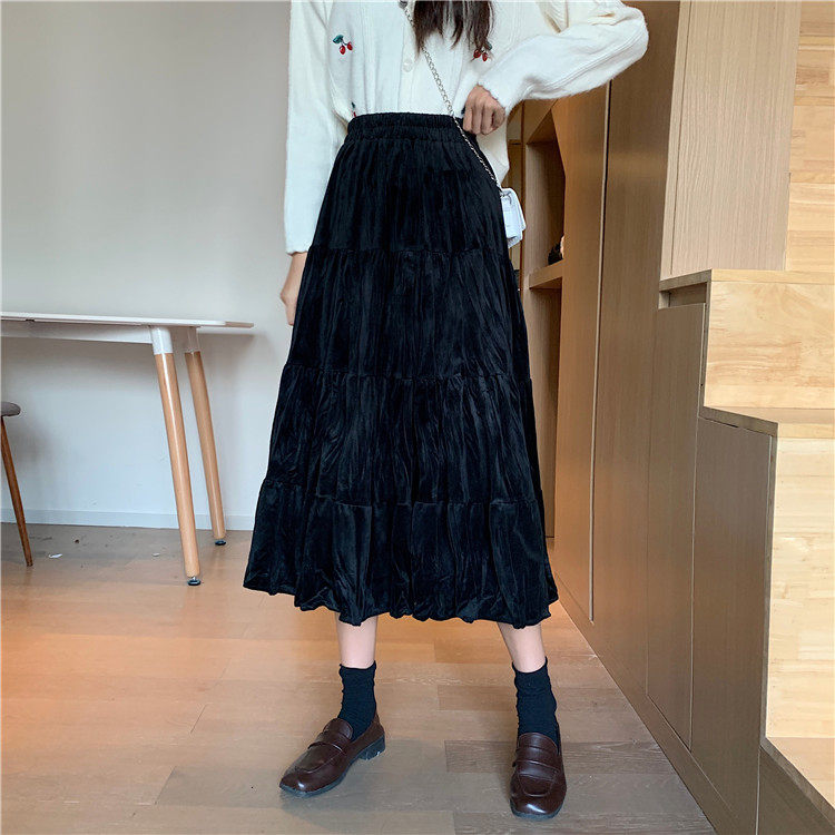 Korean plaid skirt women's high waisted velvet pleated skirt