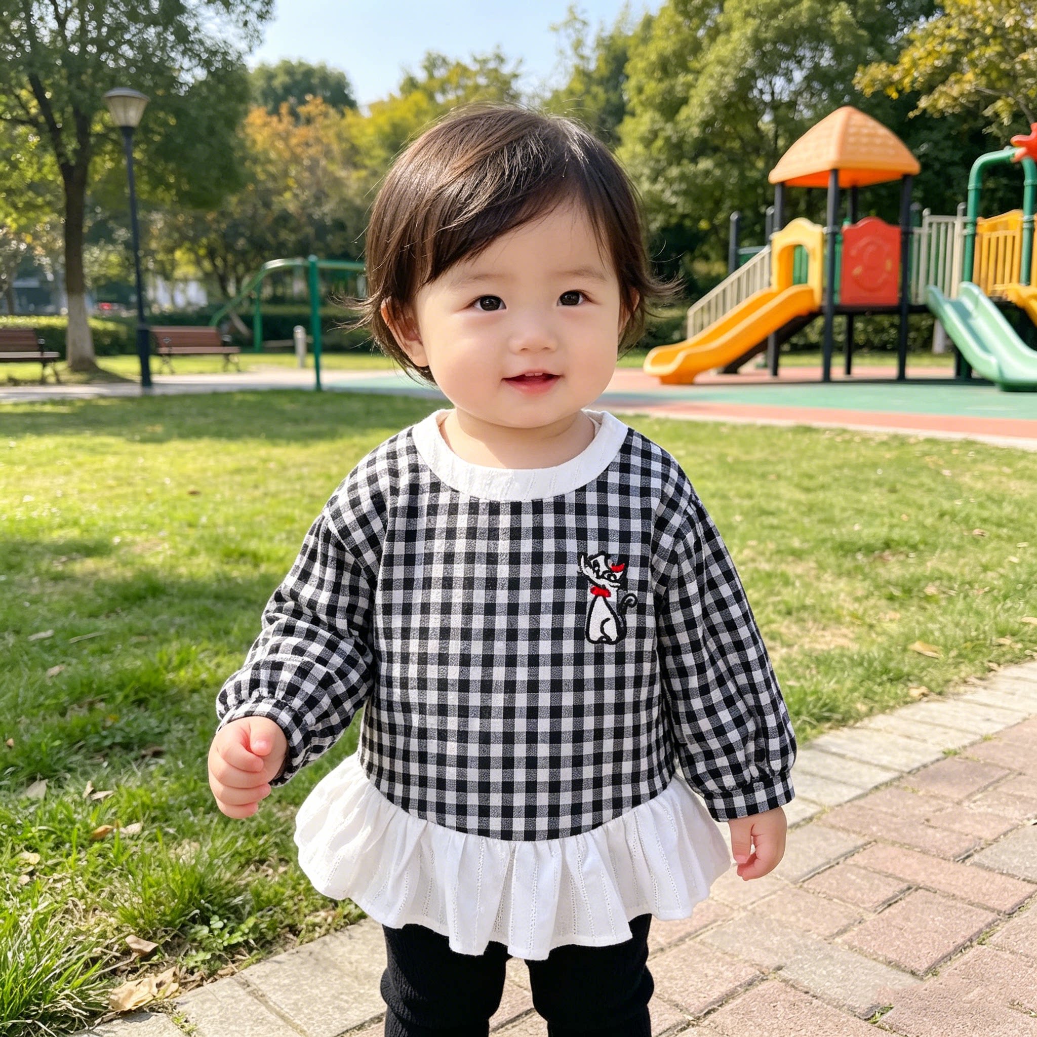 女童薄款上衣黑白格子裙春夏装T恤衫婴儿女宝宝1-3岁小童复古裙子