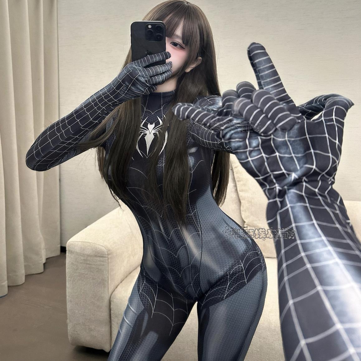 蜘蛛侠紧身衣连体女款黑色大码成人套装头套抖音网红男女cos万圣