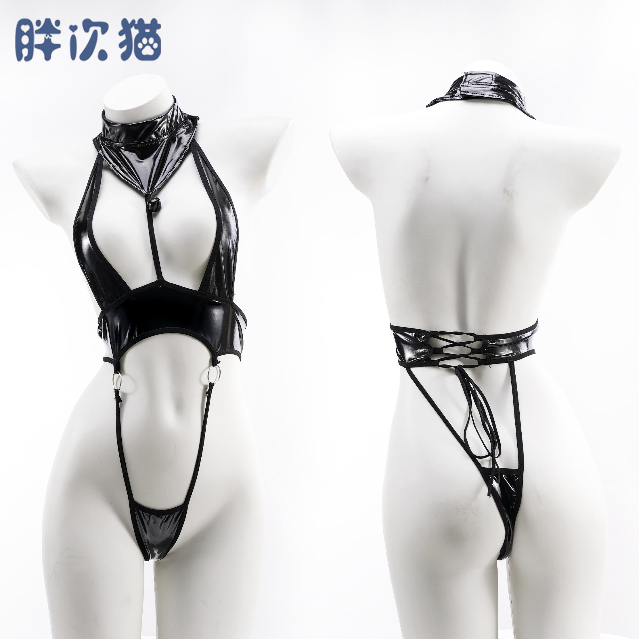 高叉漆皮亮面开胸水着 性感皮革比基尼挂脖连体皮衣睡衣内衣