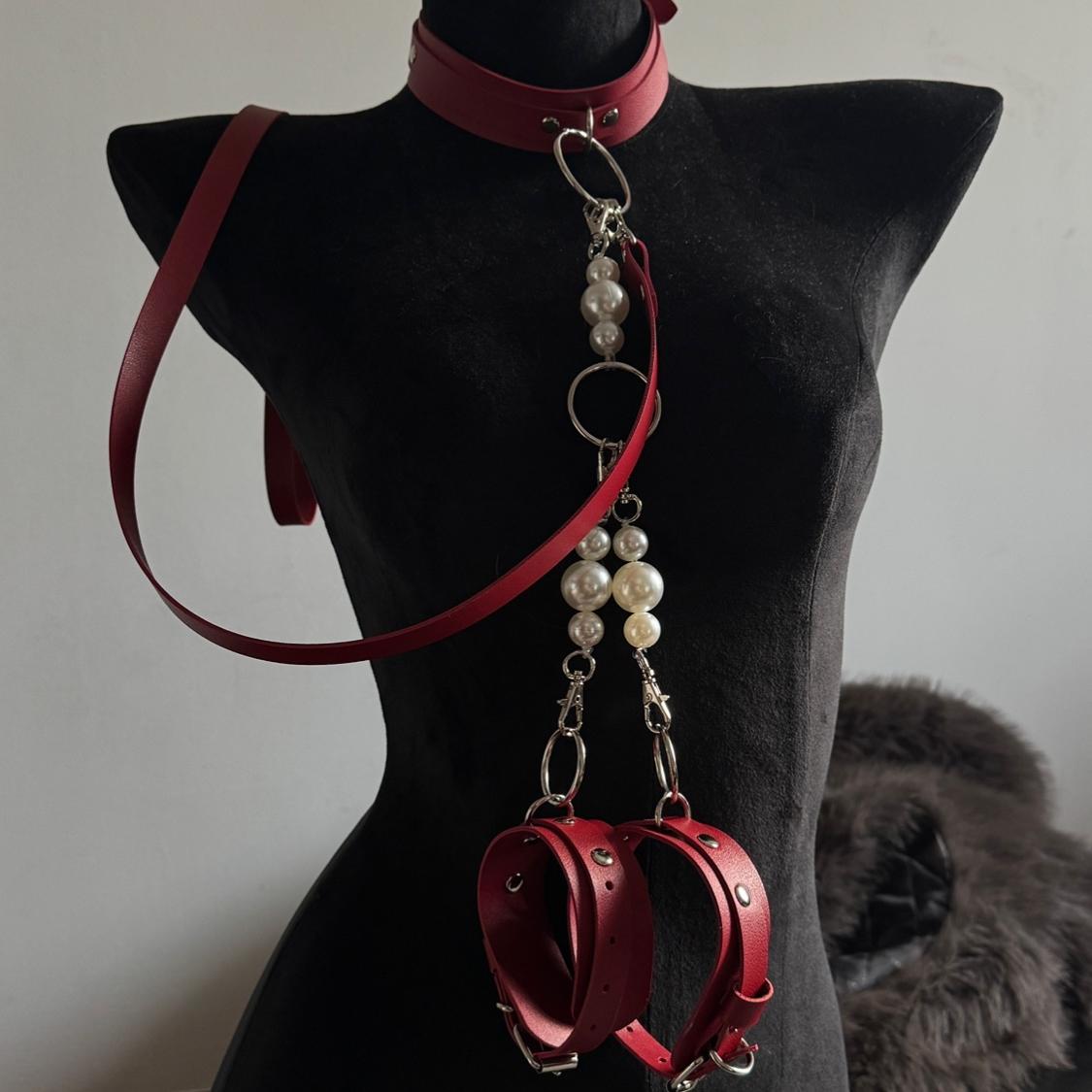 酒红色绑带项圈珍珠欧美跨境饰品个性交叉身体链女性感圆圈颈链