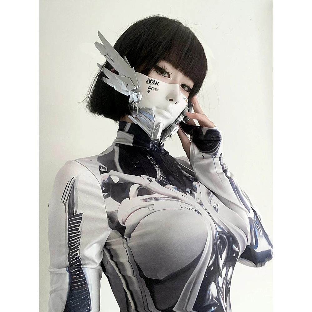 性感辣妹机械姬cos服连体裤赛博朋克风机械印花连体衣机甲紧身衣