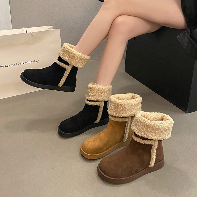 2025年秋冬季新款厚底绒面中筒靴羊羔绒毛毛面包棉鞋两穿雪地靴女