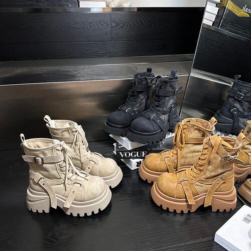 马丁靴女2025新款百搭拼接磨砂厚底复古绑带休闲机车靴小个子短靴