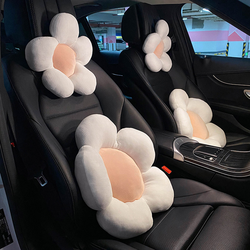 汽车头枕护颈枕一对粉色花朵座椅腰靠套装特斯拉可爱女生车内靠枕